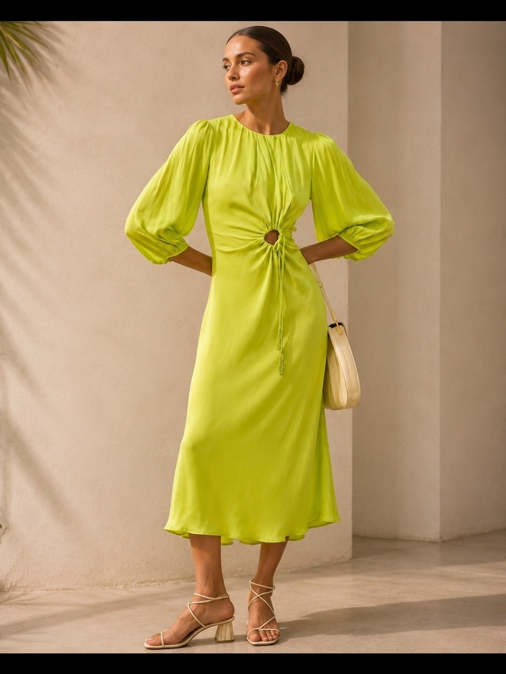 FARM Rio Lime Green Midi Dress with Front Ring and Tie